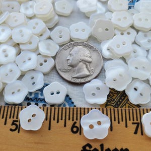 May include: A close-up of a group of white, two-hole, flower-shaped buttons. The buttons are arranged around a US quarter, which is dated 1965. A ruler is also visible in the image.