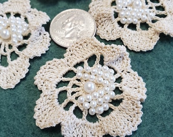 Beige Crochet cotton 3D beaded flower Appliques Embellish T-shirt slow stitch junk journal crazy quilt 2" handmade faux pearl beads
