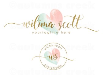 Photography Logos - gold logo - Premade Logo - watercolor Logo for photographer - Heart Logo - Mint Peach Watermark Design - photographers