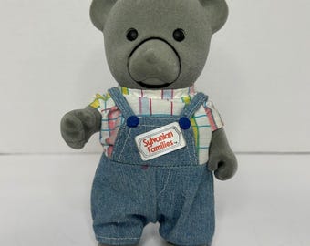 Vtg Storytelling Tomy Gray Bear 6.5" Sylvanian Fam Denim Overalls NOT WORKING
