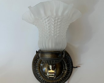 Vtg Brass Wall Sconce Frosted Glass Shade Art Deco Style Light Fixture