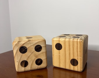 Vintage Large Wooden Dice Set | Rustic Handmade Pine Game Blocks | Mid Century Folk Art Shelf Decor | Oversized Lawn Dice | 2 Piece Set