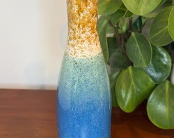 Jarrón pequeño de cerámica artística de estudio / Decoración MCM de los años 70 con esmalte azul dorado y efecto goteo