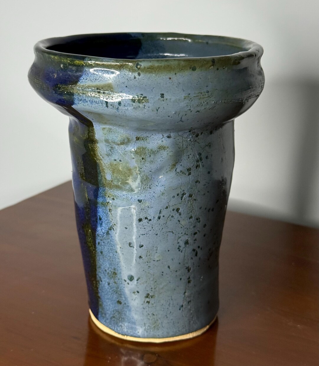 Hand Thrown Blue Drip Glaze Vase | Flared Rim Stoneware Pottery Vessel ...