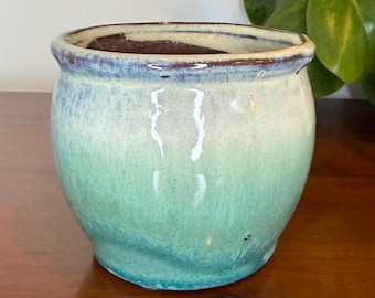 Maceta de cerámica de estudio vintage / Jarrón de gres con esmalte de goteo verde espuma de mar