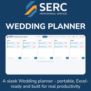 May include: A digital wedding planner interface, featuring sections for venue, guests, food, decor, and budget. The SERC Professional Services logo is at the top, with the words "WEDDING PLANNER" below. The text at the bottom reads: "A sleek Wedding planner - portable, Excel-ready and built for real productivity."
