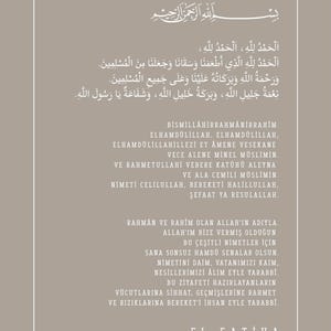 May include: A framed print with Arabic script on a beige background, framed by a white border. The text includes phrases like "SOFRA DUASI" and "EL-FATİHA AMİN". The design is simple and elegant.