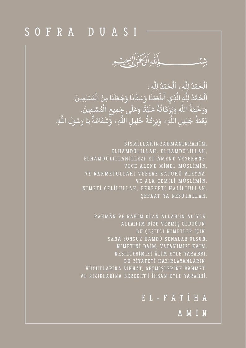 May include: A framed print with Arabic script on a beige background, framed by a white border. The text includes phrases like "SOFRA DUASI" and "EL-FATİHA AMİN". The design is simple and elegant.