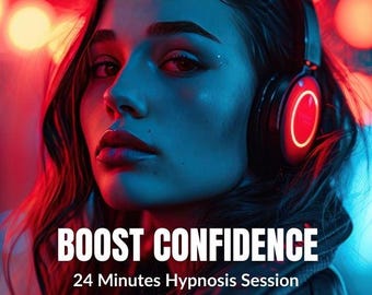 Könnte beinhalten: Digitales Kunstwerk einer Frau mit dunklem Haar und rotem Lippenstift, die Kopfhörer mit roten Akzenten trägt. Der Text "BOOST CONFIDENCE" und "24 Minutes Hypnosis Session" ist ebenfalls enthalten.