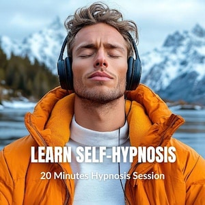 May include: A man wearing black headphones and an orange jacket with the text "LEARN SELF-HYPNOSIS" and "20 Minutes Hypnosis Session". The man has his eyes closed and is in front of a snowy mountain backdrop.