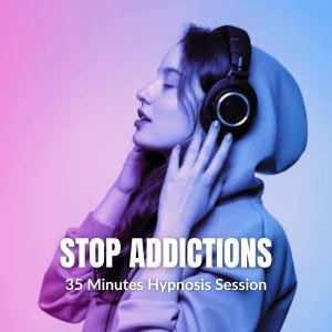 Puede incluir: Una persona con auriculares negros y una sudadera con capucha, sobre un fondo degradado rosa y azul. El texto "STOP ADDICTIONS" y "35 Minutes Hypnosis Session" se muestra en blanco.