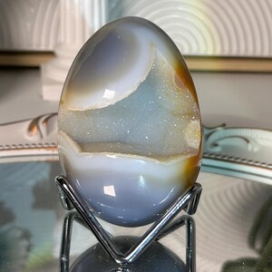 Polished Blue Druzy Agate Egg on Stand, Brazilian Geode Egg