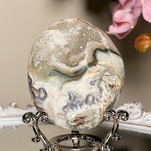 Polished Green Banded Quartz Druzy Agate Raw Geode with Pocket,3.3'' Long Stand Included | Table Decor| Fengshui | Large Calming Palm Stone