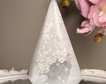 Large Polished Clear Quartz Druzy& Gray Agate Conic Point Tower with Cavity, 5.6'' Tall | Crystal Diamod| Crystal Lamp
