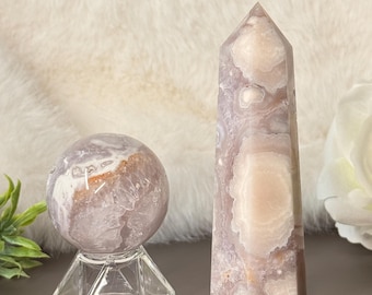 Conjunto de esfera y torre de ágata flor de amatista drusa rosa / Exquisita ágata sakura / Decoración para el hogar / Acento para el hogar de cristal rosa / Decoración zen