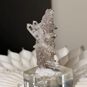 Pu&ograve; includere: Un grappolo di cristalli di quarzo trasparenti e appuntiti con una base a matrice testurizzata color marrone-grigio. Il campione minerale &egrave; montato su un supporto quadrato in acrilico trasparente, che mette in mostra molteplici punte cristalline.