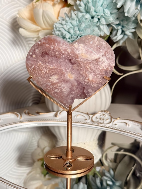 High Quality Pink Amethyst Flower Agate Heart with Druzy, Stand Included, 3.8''  Wide| Flower Agate | Pink Crystal Gift for Her