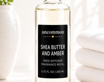 Shea Butter & Amber Reed Diffuser Refill, 6.75 oz Scent Oil, Includes 5 Black Reeds, Luxury Home Fragrance Gift|Shea Butter