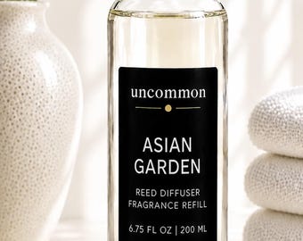 Aceite de recarga para difusor de varillas de jazmín y vainilla / Fragancia para el hogar de ámbar y almizcle blanco / 198 ml (6.75 oz) Incluye 5 varillas de fibra / Jardín asiático