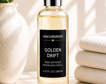 Amber Sandalwood Reed Diffuser Refill Oil | Golden Drift | Vegan Home Fragrance (6.75 oz) | Includes 5 Fiber Reeds