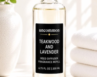 Teakwood & Lavender Reed Diffuser Refill, 5 Black Reeds, Modern Italian Glass Bottle, Luxury Home Fragrance, Clean Scent Oil, 6.75 oz