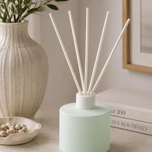 May include: A cylindrical light mint green glass reed diffuser bottle with a white collar and five white reed sticks inserted into the top. The diffuser has a smooth matte finish and stands upright, featuring a simple, clean design for home fragrance.
