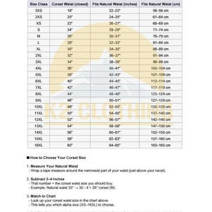 May include: A corset size chart and guide from K2 Clothing. The chart includes size classes from 3XS to 16XL, with corresponding closed waist measurements in inches and centimeters, and natural waist measurements in inches and centimeters. Instructions on how to measure and choose a corset size are also included.