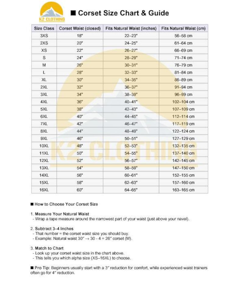 May include: A corset size chart and guide from K2 Clothing. The chart includes size classes from 3XS to 16XL, with corresponding closed waist measurements in inches and centimeters, and natural waist measurements in inches and centimeters. Instructions on how to measure and choose a corset size are also included.