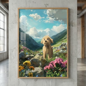 May include: A framed art print featuring a cartoon dog in a mountain landscape. The artwork showcases a fluffy, light brown dog standing among rocks and colorful wildflowers. The background depicts rolling green hills, a blue sky, and fluffy white clouds.