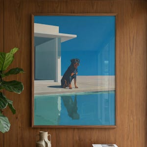 Rottweiler Poolside Art Print | Mid Century Modern Dog Poster | Architectural Wall Art
