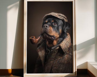 May include: Framed portrait of a Rottweiler dog wearing a tweed cap and coat, holding a wooden pipe. The dog has black and brown fur and is set against a brown backdrop. The frame is a light beige color.