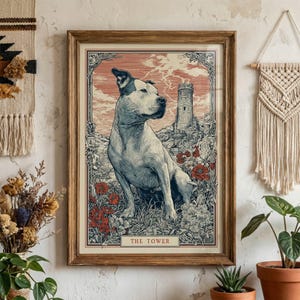 Puede incluir: Impresión artística enmarcada en madera. La ilustración detallada muestra un perro en un campo de flores, con una torre al fondo. El texto "THE TOWER" está en la parte inferior. La obra de arte utiliza tonos rojos, azules y beige.