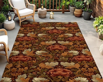 William Morris Area Rug, Vintage Botanical Floral Carpet, Rust Orange Living Room Rug, Washable Cottagecore Bedroom Floor Mat