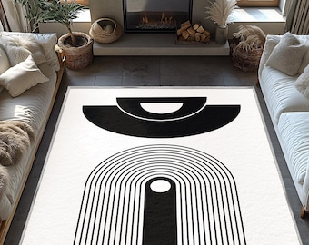 Black and White Boho Area Rug, Modern Geometric Living Room Carpet, Washable Non Slip Bedroom Runner, Minimalist Aesthetic Floor Mat