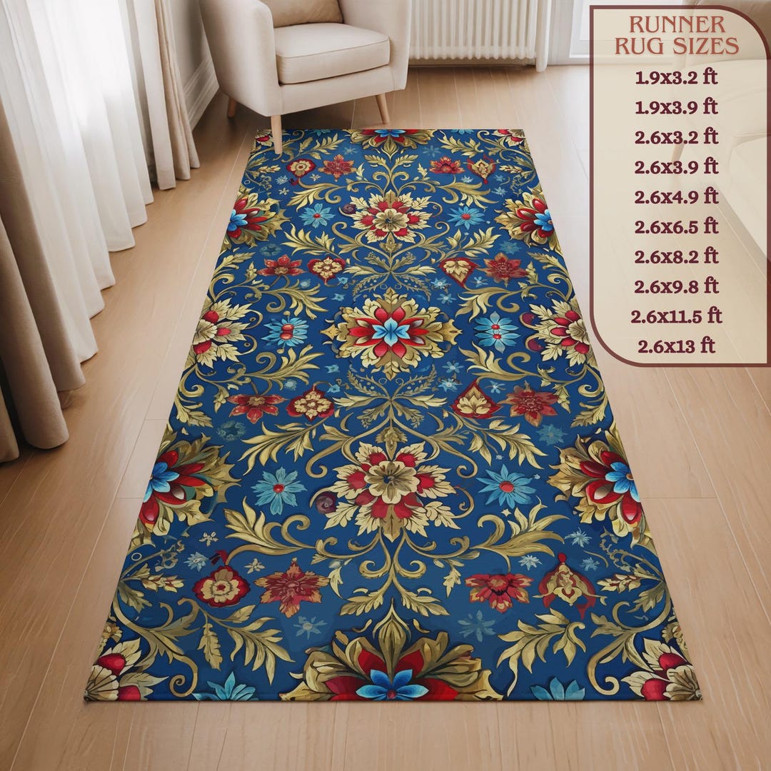Baroque Floral Runner Rug: Royal Blue and Gold Scrolls (non-slip ...