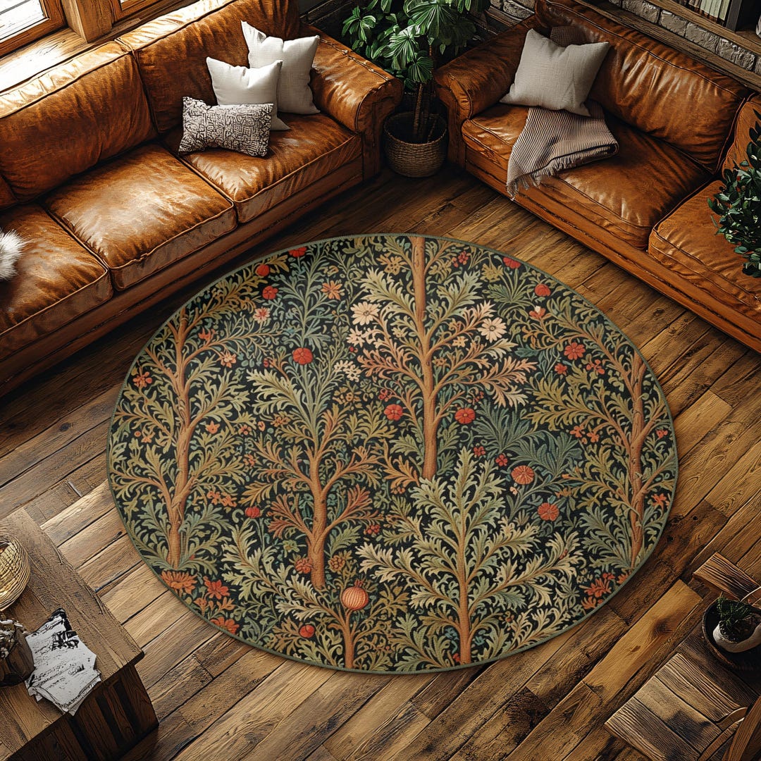 Botanical Round Rug, Forest Flowers and Leaves (non-slip, Soft Texture ...