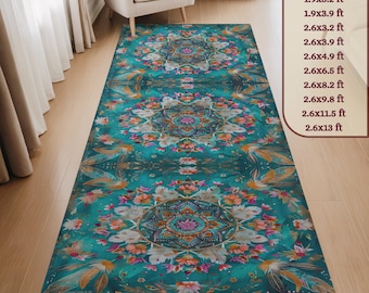 Teal Mandala Runner Rug - Colorful Boho Floral Yoga Floor Decor