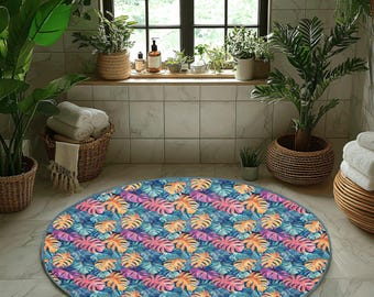 Tropical Monstera Rug, Round and Colorful (Non-Slip, Soft)