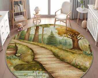 Forest Trail Kids Play Mat, Nature Theme Round Nursery Rug
