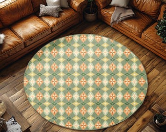 Round Area Rug: Atomic Age Diamonds - Non-Slip Retro Design
