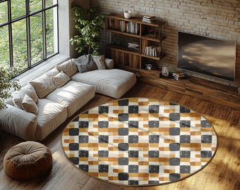 Abstract Round Rug: Boho Style Accent (Neutral, Washable, Non-Slip)