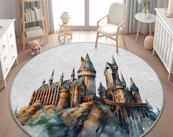 Magic Castle Kids Rug - Round Watercolor Wizard School Mat