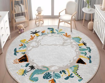 Dinosaur World Kids Play Mat: Round, Non-Slip, Washable Rug