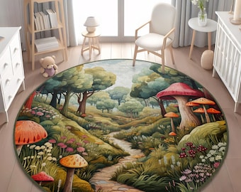 Woodland Nursery Rug, Mushroom Design, Nature Theme (Non-Slip, Soft)