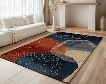 Area Rug: Navy Blue and Rust Abstract - Washable, Non Slip