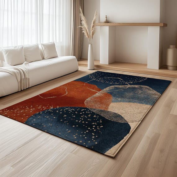 Area Rug: Navy Blue and Rust Abstract - Washable, Non Slip