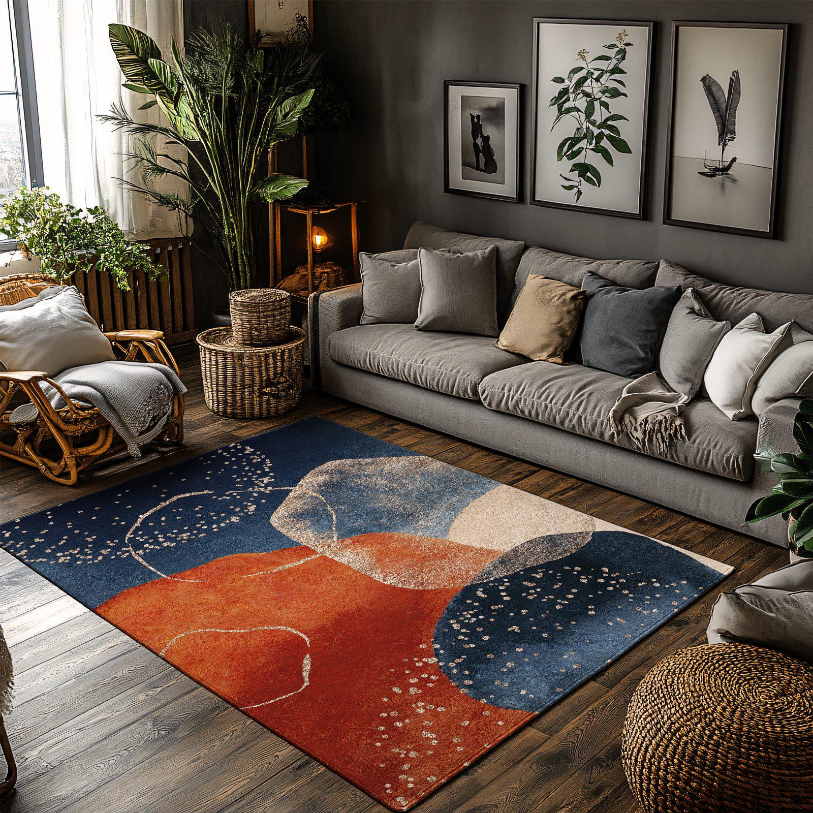 Area Rug: Navy Blue and Rust Abstract - Washable, Non Slip - Etsy