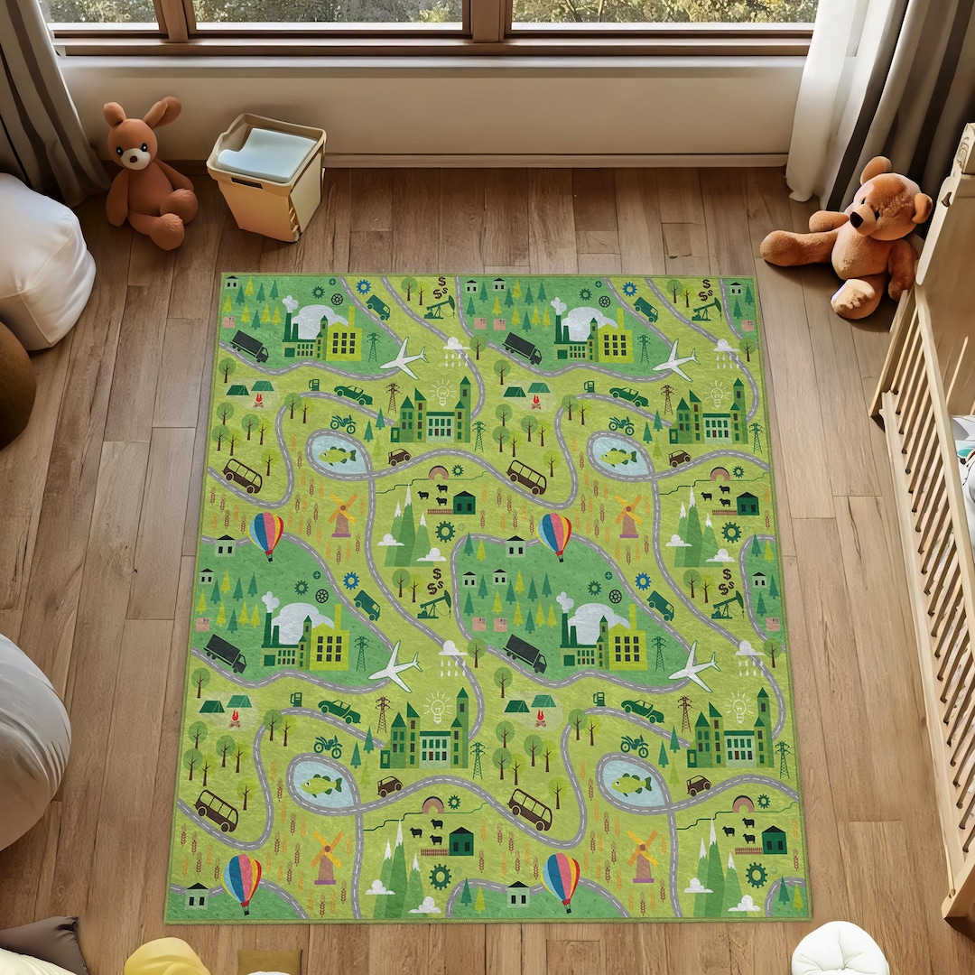 City Child Map Rug City Road Map Nursery Rug, Green Adventure Play Mat for Kids (multiple ...
