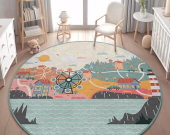 Town Scene Kids Rug: Round City Road Play Mat (Washable, Non-Slip)
