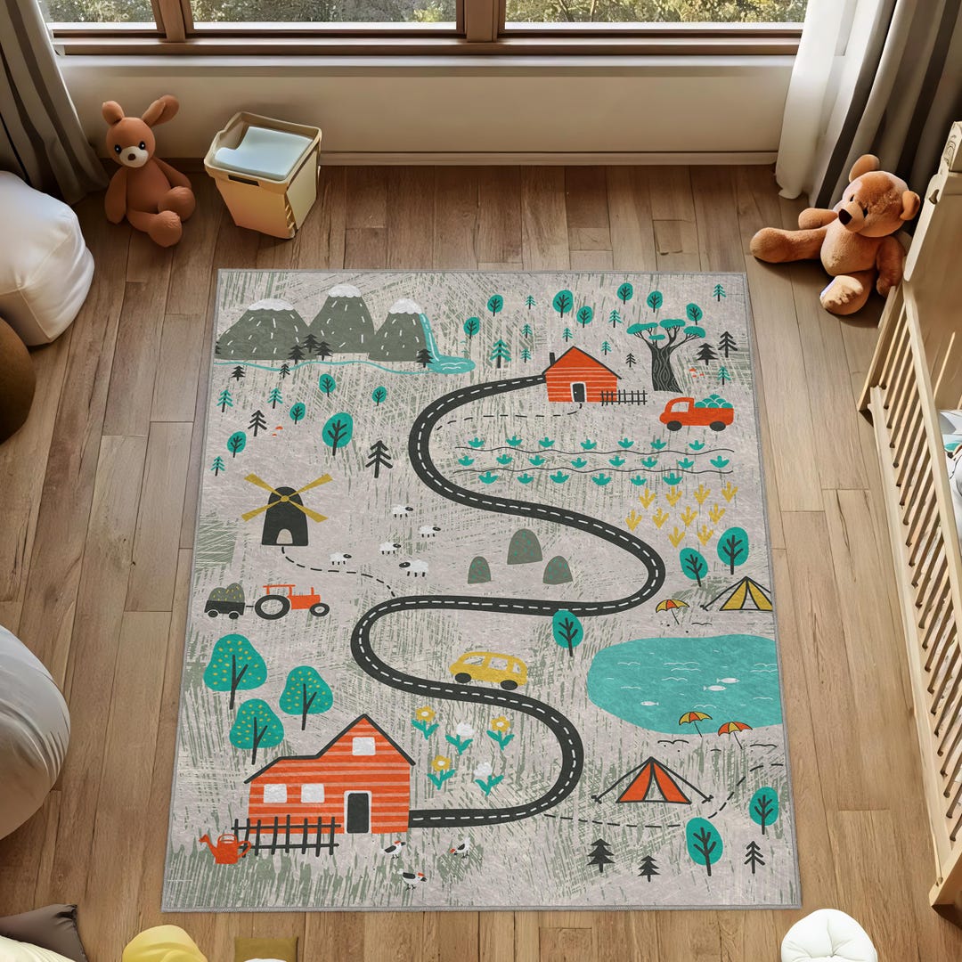 Village Road Kids Play Rug: Town Map Activity Carpet (kids Room ...
